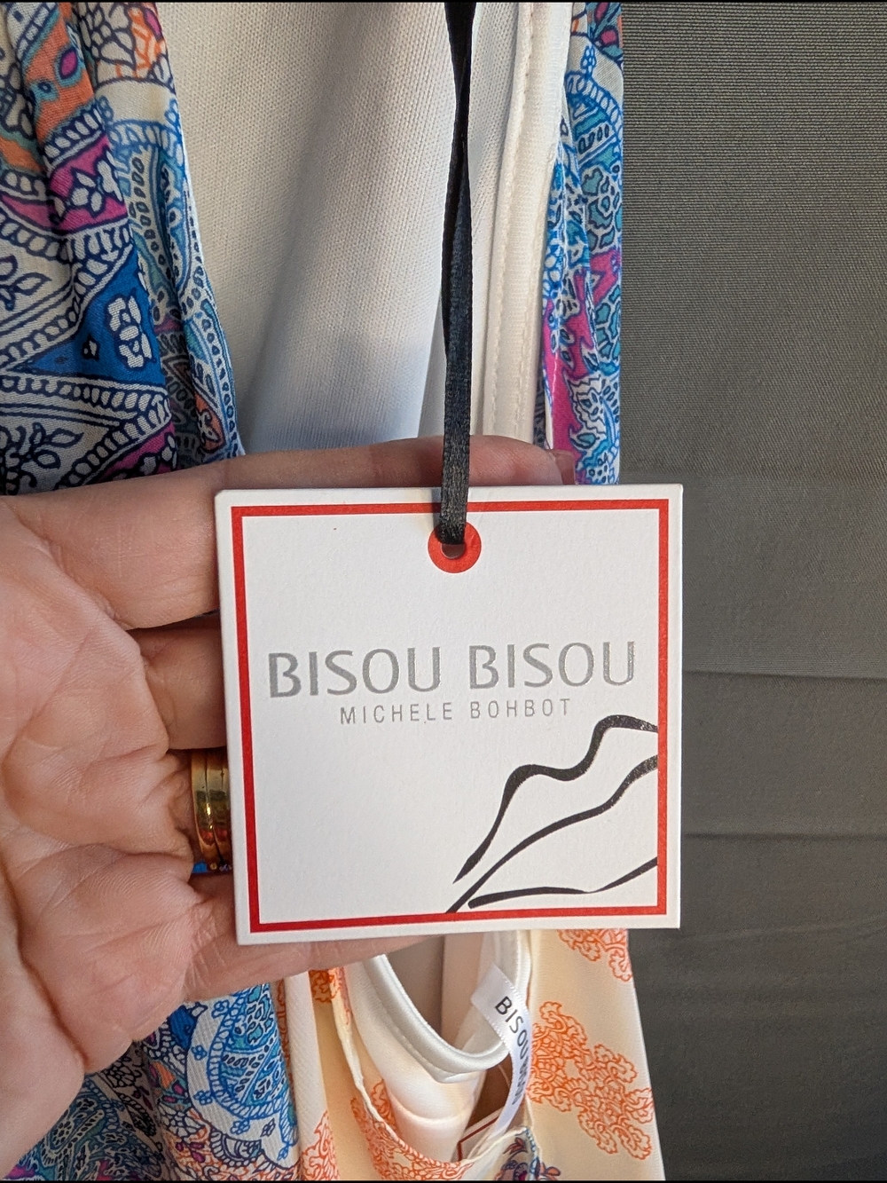 Bisou Bisou Cream Paisley Asymmetrical Halter Dress with Blue & Peach Accents - Picture 6 of 10